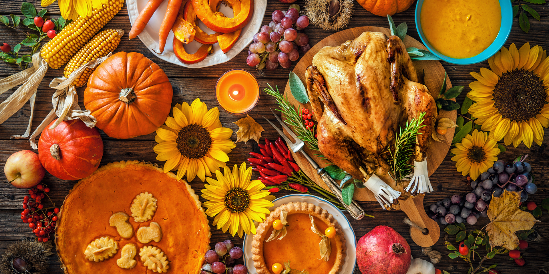 colorful Thanksgiving dishes arranged around the turkey
